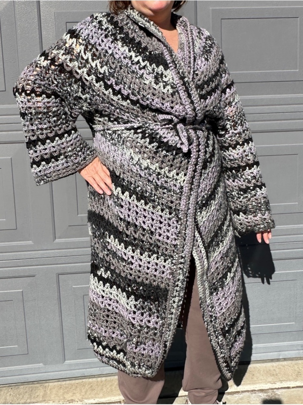 Cozy Long Handmade Crochet Belted Cardigan Sweater - Gray Lavender Stripes